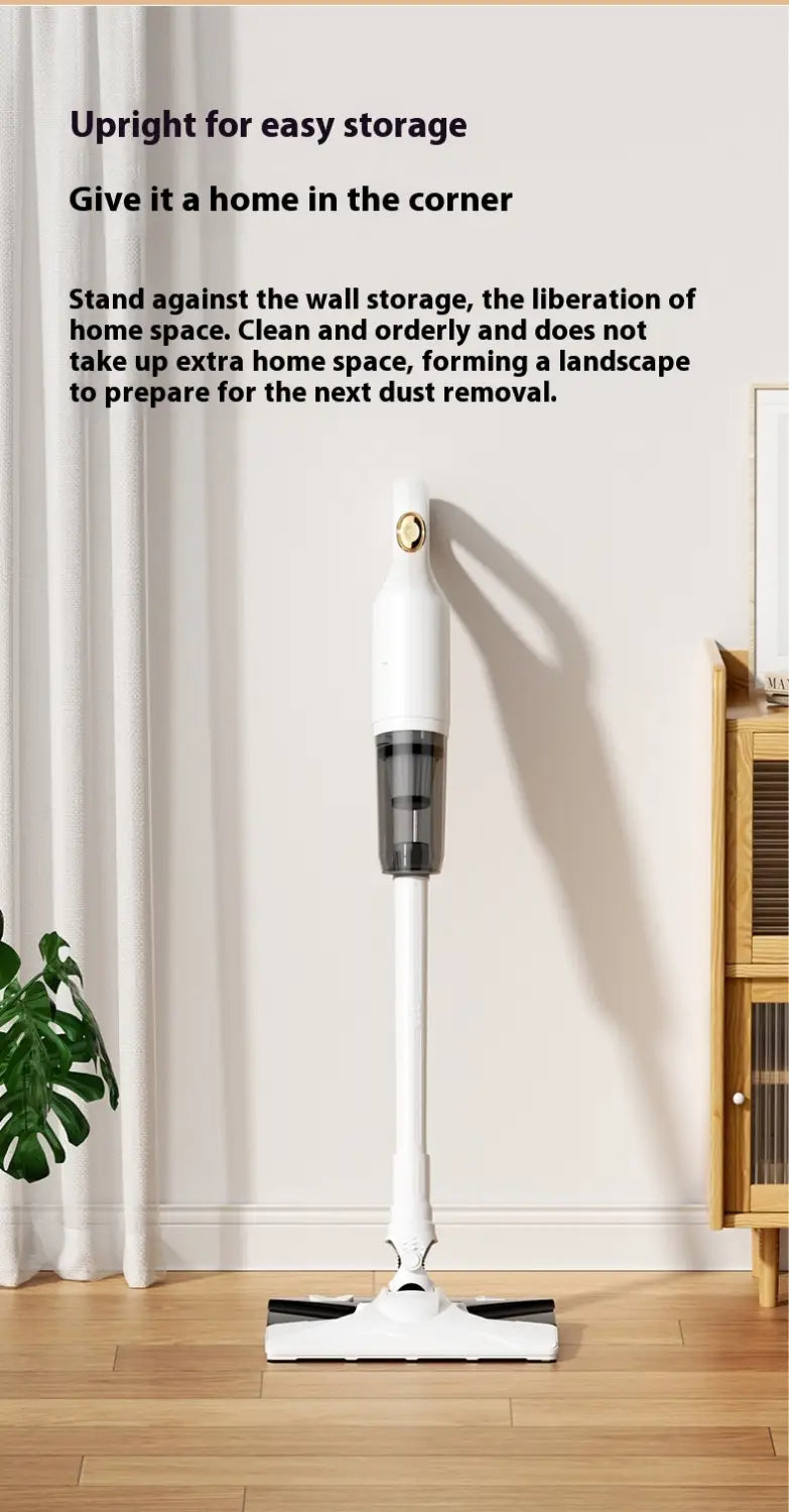 White wireless rechargeable vacuum cleaner with a transparent dust container and black brush head for efficient cleaning.