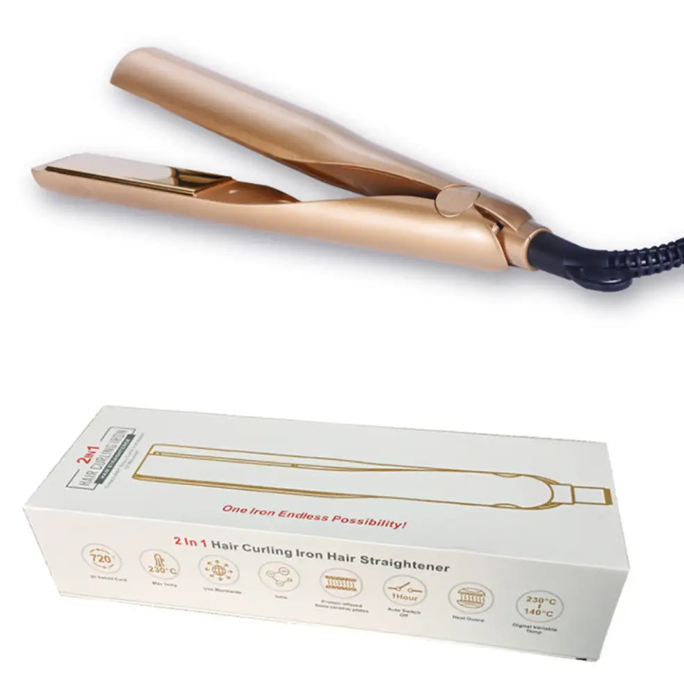 Rose gold 2-in-1 hair curling iron and straightener with a sleek modern design made of gold ceramic for curly hair care and care straight long styling.