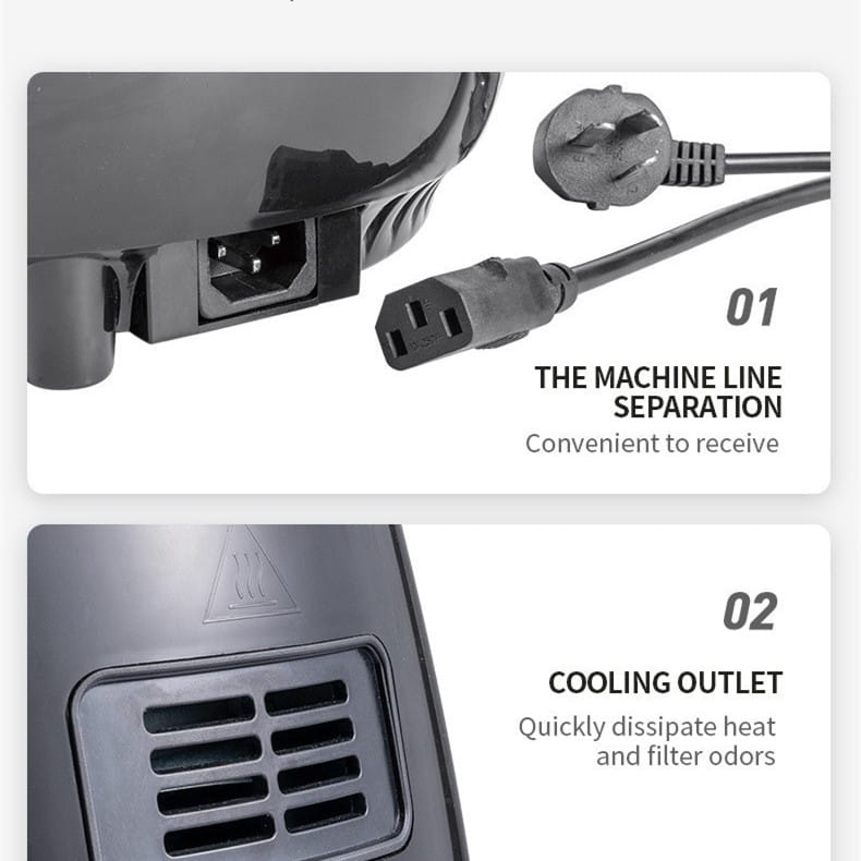 black plastic power cord and cooling outlet assembly on the back side of a smart touch air fryer with digital display and stainless steel accents
