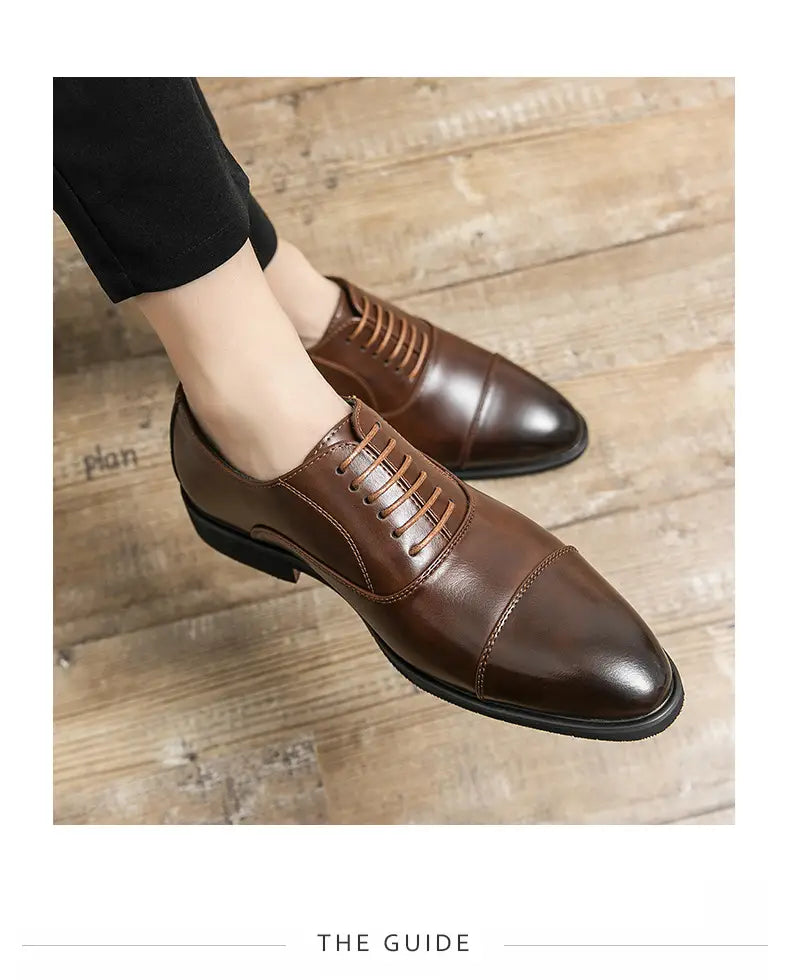 Brown leather cap toe oxford shoes with a polished finish and matching laces designed as plus size casual leather shoes.