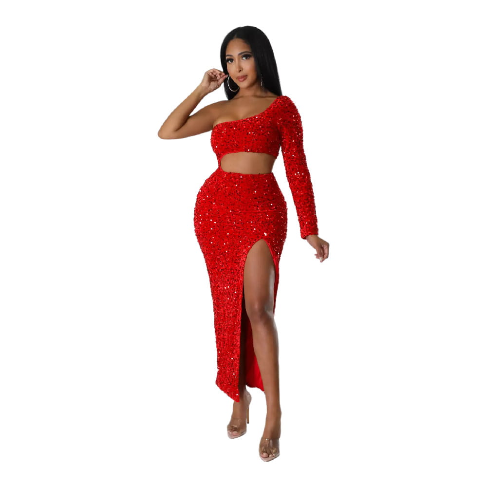 red one shoulder two-piece set in sequined fabric featuring a high slit designed as a fashionable sequins sexy navel split dress