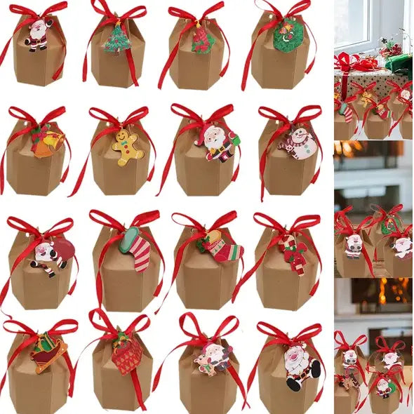 brown hexagonal paper christmas gift boxes with red ribbons and festive decorations featuring cards cartoon santa in a 24 pcs christmas gift set