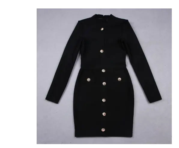 black long-sleeved fitted dress with silver buttons down the front paired with white high neck chest scheming hip short skirt for a stylish hip short skirt outfit