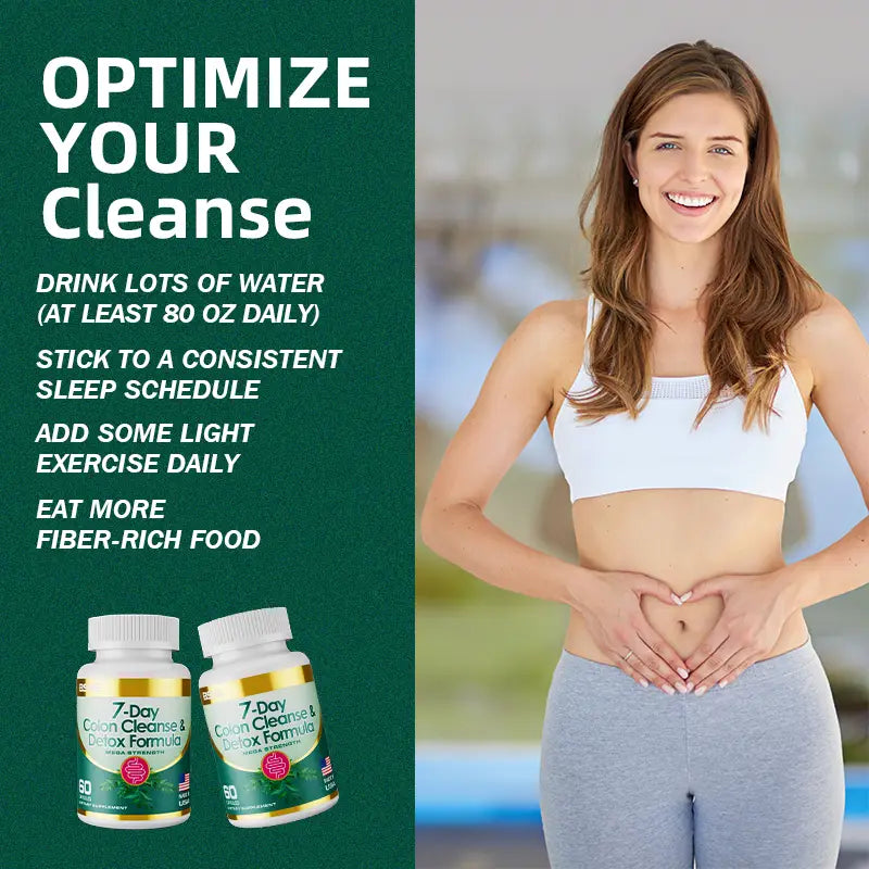 two white-capped bottles of 7 day colon cleanse and detox formula capsules with green and gold accents designed for effective colon cleanse and detox formula use.