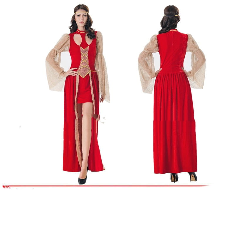 red velvet halloween cos ball queen dress with gold lacing and sheer beige sleeves in medieval-inspired velvet evening gown style
