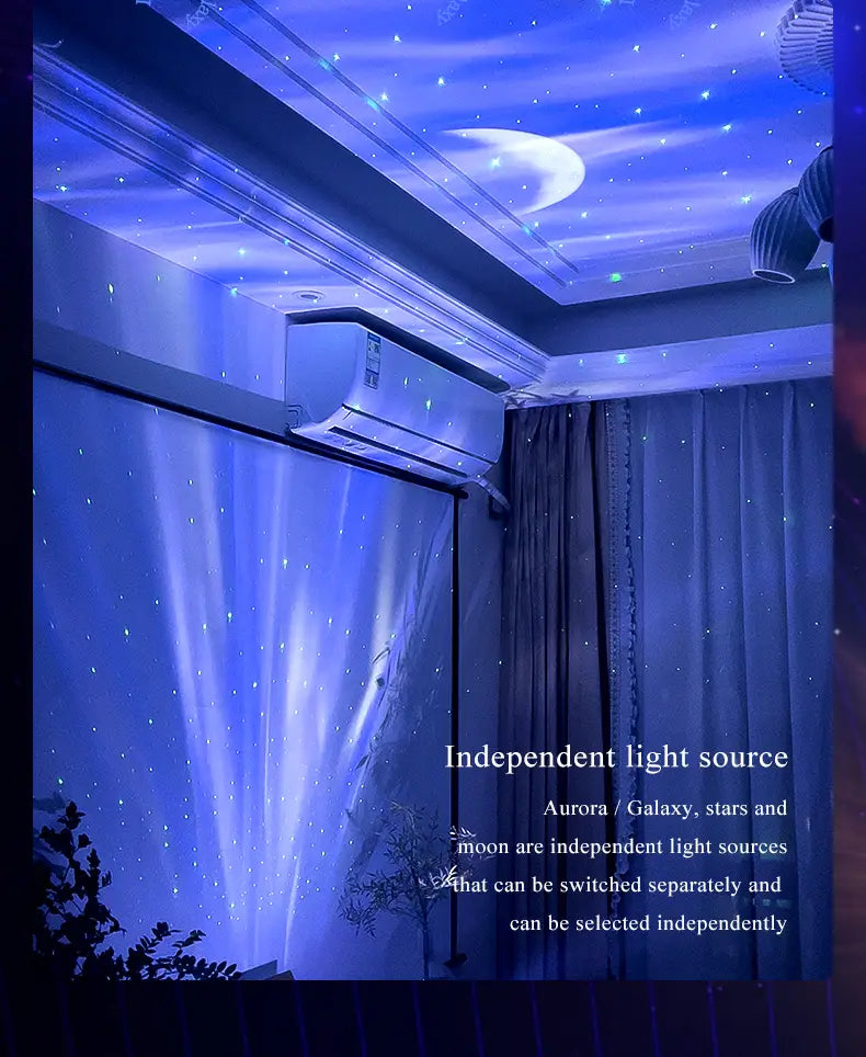 double effect northern lights projector lamp displaying a blue starry sky ceiling with a crescent moon design and casting ambient lighting effects.