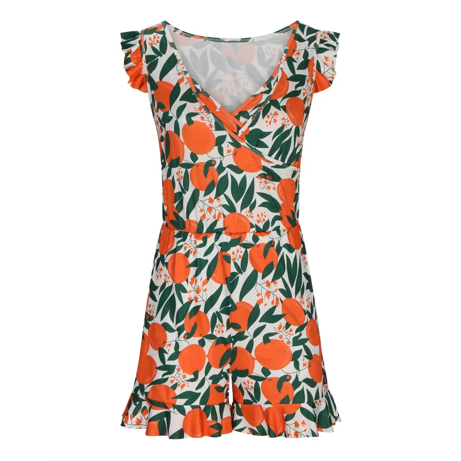 a vibrant orange and green citrus print wrap dress featuring ruffled sleeves and hem designed as a solid color printing bikini ruffled romper swimwear.