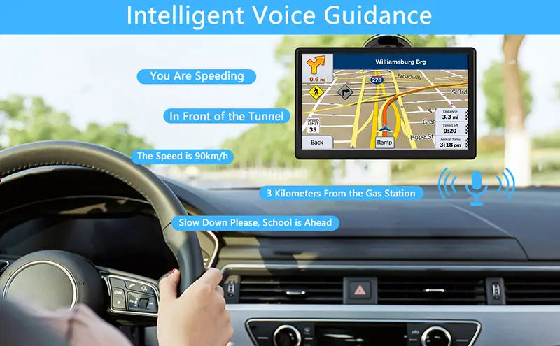 Black touchscreen portable 7-inch on-board gps navigator for car wagon displaying real-time traffic and speed alerts on its mounted display.