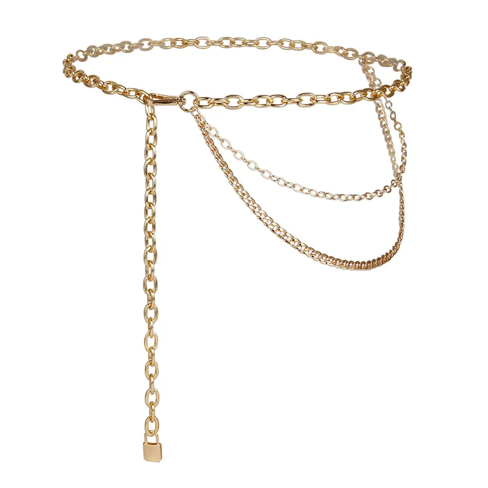 Gold-toned layered chain belt with multiple chains and a small padlock charm designed as summer body jewelry for body jewelry hip and jewelry hip hop styles.