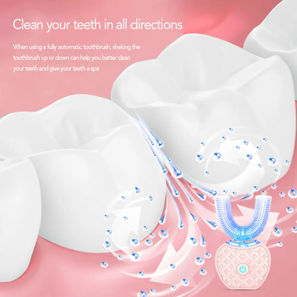 a sleek u-shaped ultrasonic electric toothbrush with a translucent blue bristle head and a pinkish-beige handle featuring a subtle diamond pattern designed as an automatic tooth cleaner