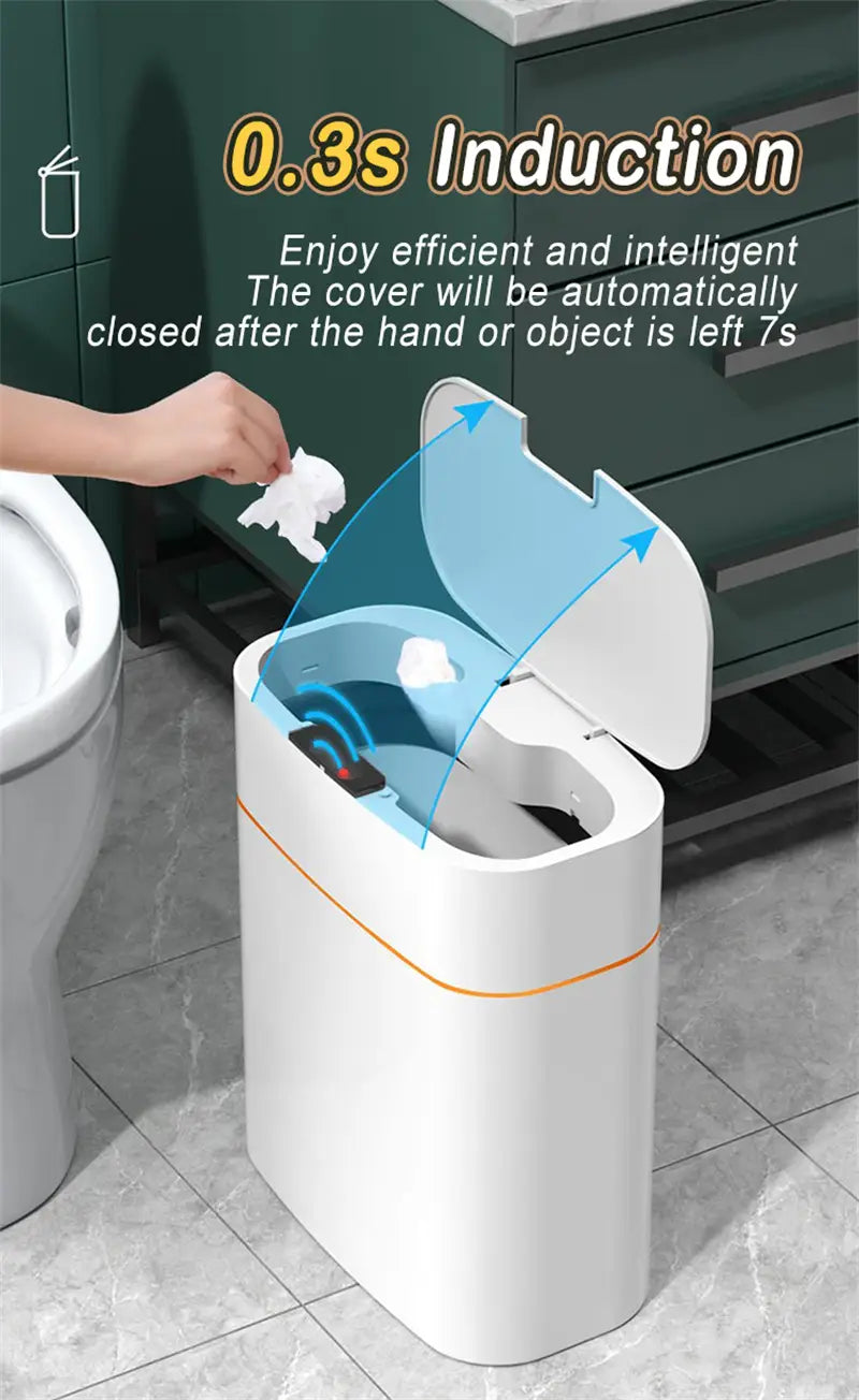white cylindrical smart trash can with orange accent stripe and automatic sensor lid for living room kitchen use
