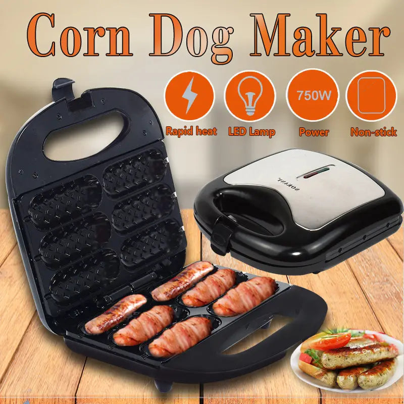 Black and silver 6 slot non stick hot dog and sausage frying machine with non stick cooking plates for easy frying.