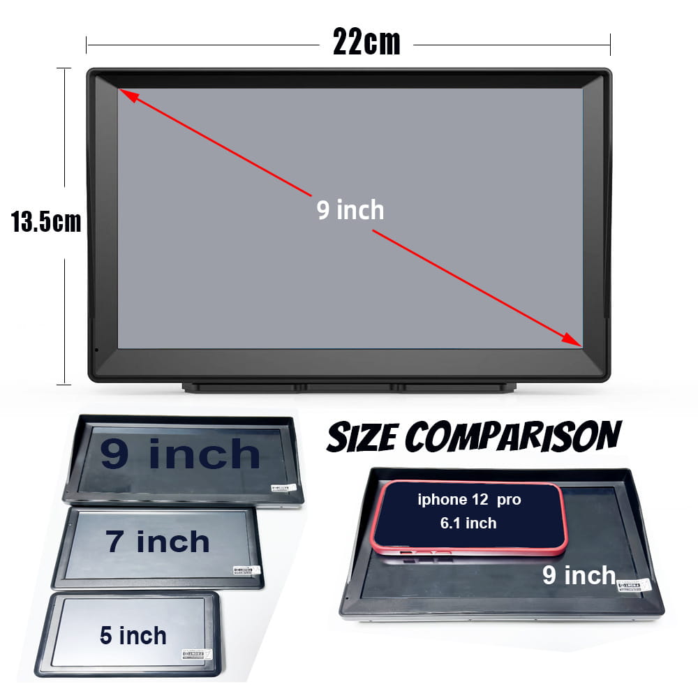 Black 9-inch navigator car portable touchscreen display with a sleek rectangular frame and slim bezels for car portable truck and portable truck large screen navigation.