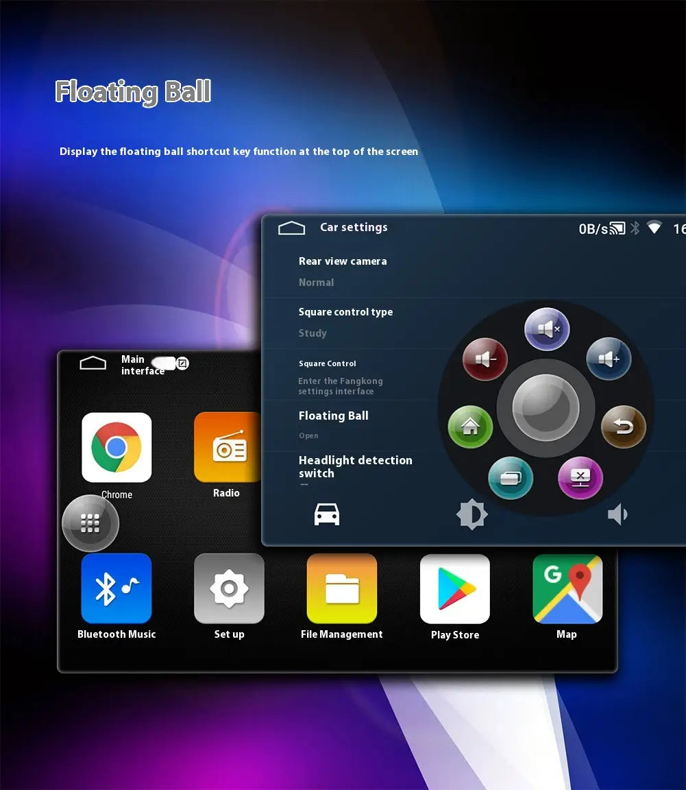 9 inch android car bluetooth gps navigation integrated system displaying a bluetooth gps navigation interface with a floating ball shortcut on the screen.