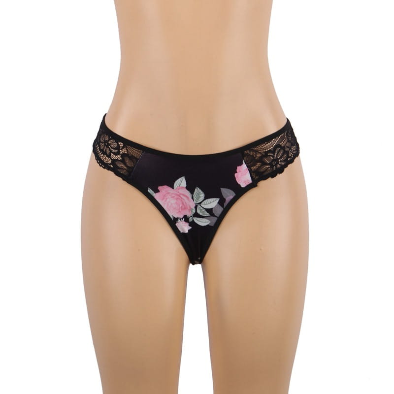 black lace-trimmed thong with pink rose and gray leaf floral print paired with plus size embroidery patchwork lace sleeping dress