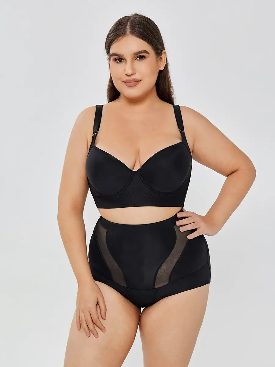 black plus-size womens tummy control high waist mesh body shaper set featuring mesh panels for enhanced comfort and support