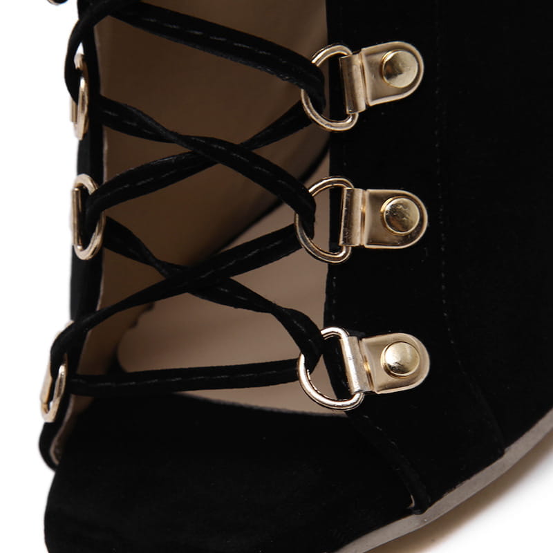 black suede high-heeled italian early autumn lace up peep toe boot featuring crisscross lacing with gold-tone autumn strap rivet eyelets