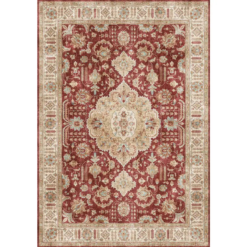 a vintage-inspired burgundy ornate short pile area rug featuring a rich burgundy field with cream and muted green floral medallions and intricate border patterns, ideal for complementing luxury women’s fashion and plus size dresses bikinis settings