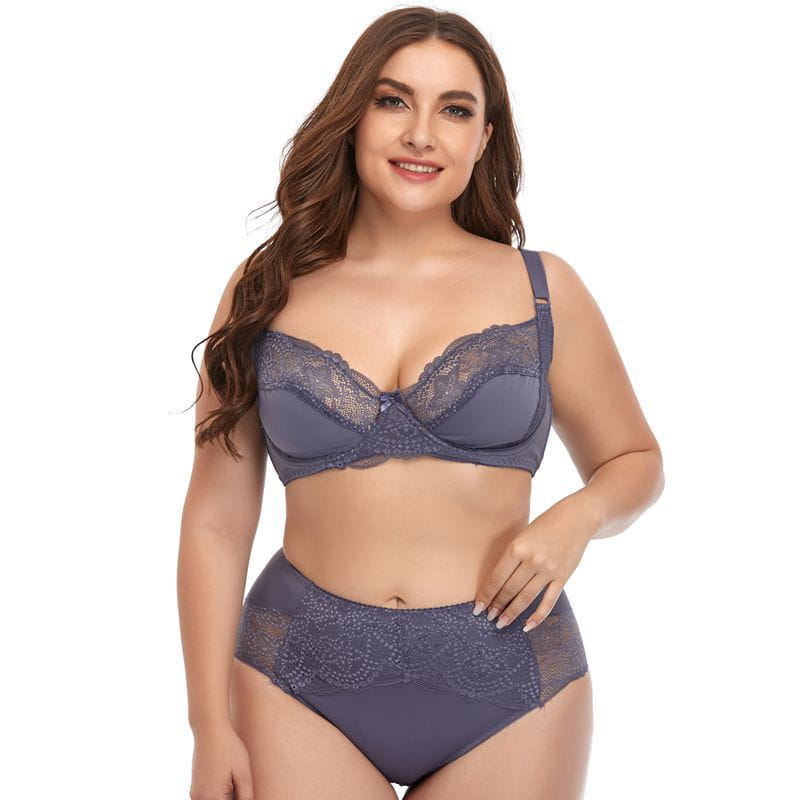 plus size underwire lace trim lingerie set in navy blue featuring a lace bra and matching high-waisted panties