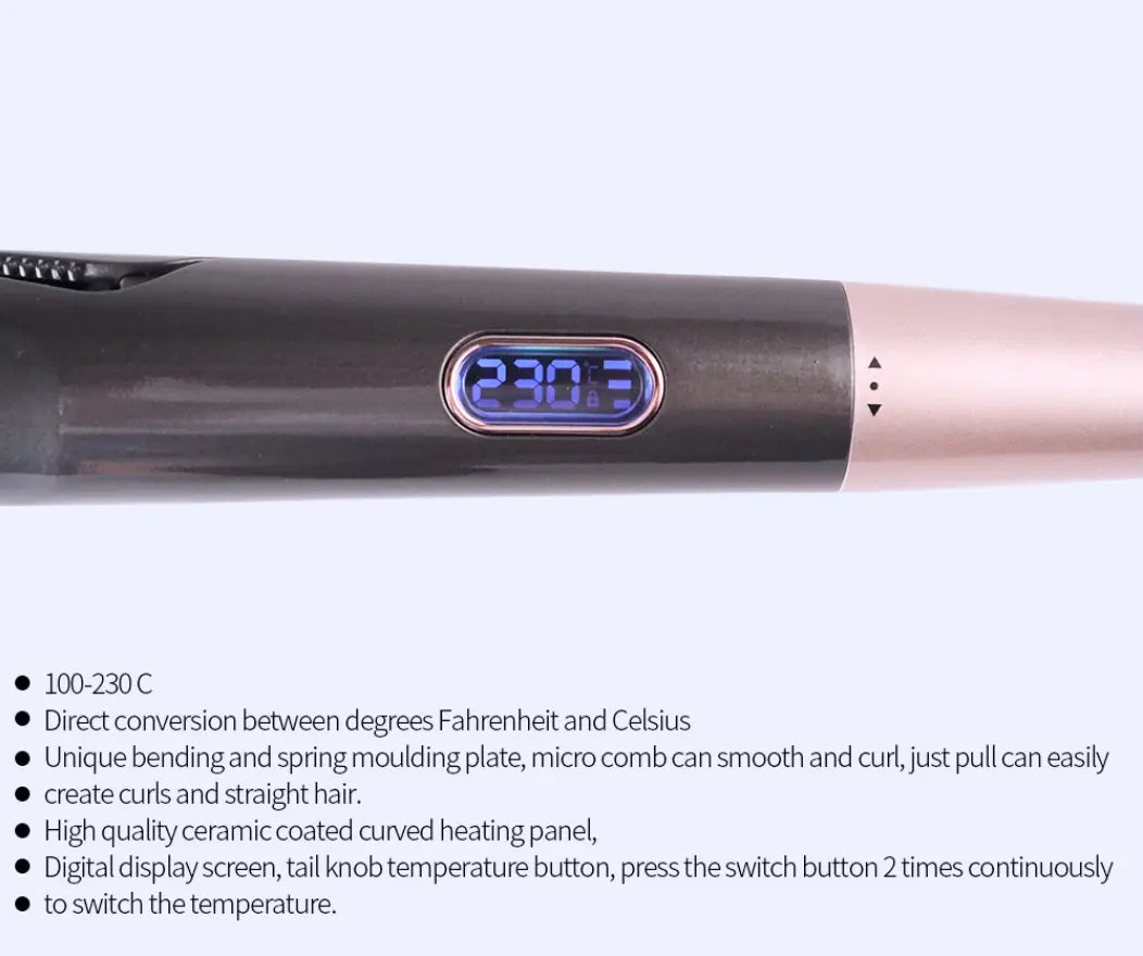 a sleek rose gold and black ceramic-coated gold ceramic flat iron for curly hair care with a digital display showing 230.3 degrees celsius for precise temperature control in hair care straight and care straight long routines