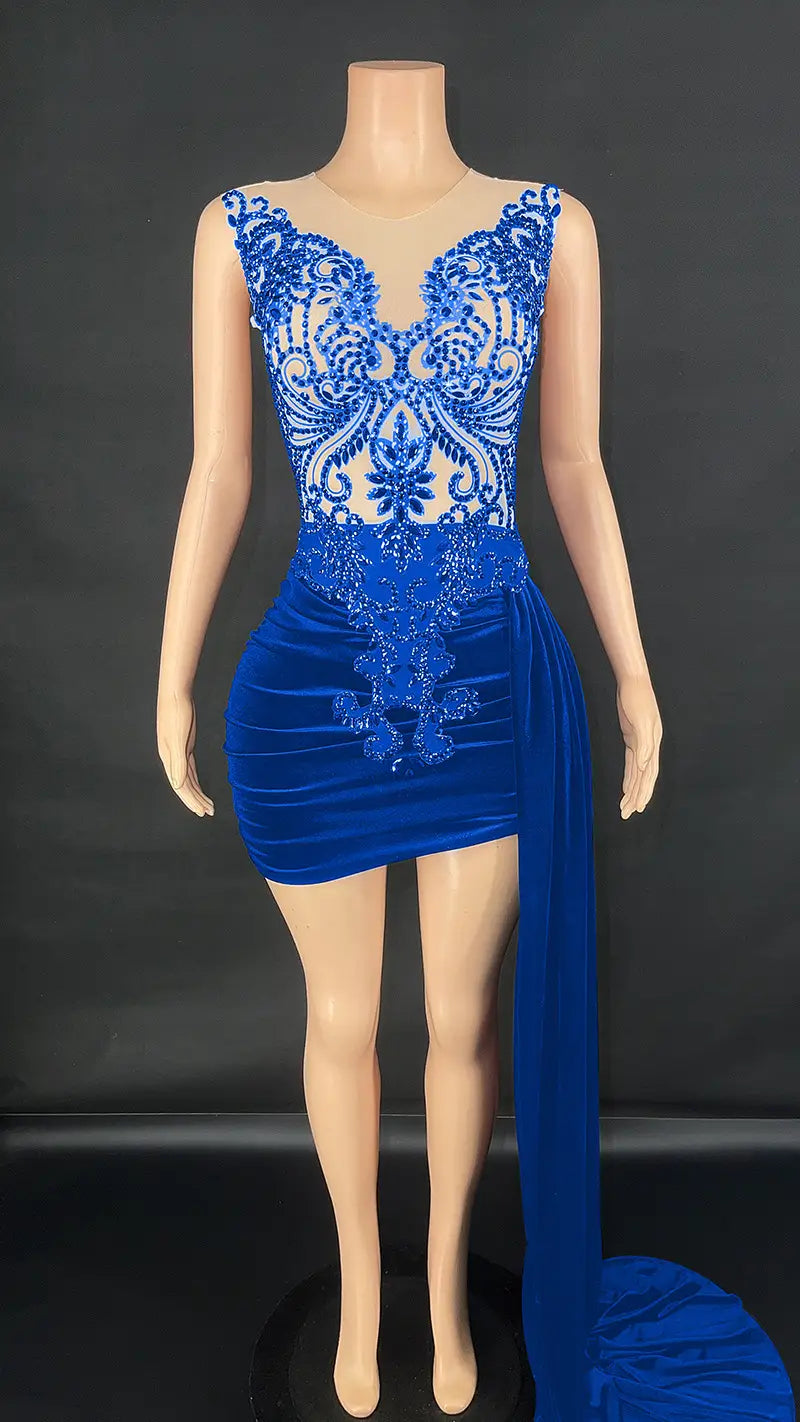 A royal blue velvet luxury evening dress female mini dress featuring intricate beaded lace detailing on the bodice and a side slit for summer luxury evening occasions.