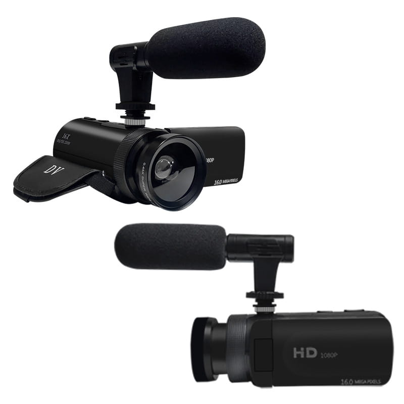 Black hd digital camera royale essence lux with 16.0 megapixels wide-angle lens and attached external microphone for high-quality video recording.