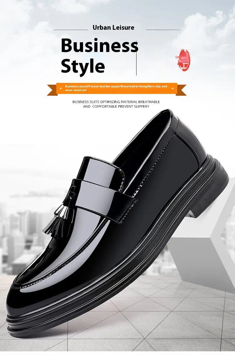 Black patent leather tassel business formal wear shoes featuring a glossy finish and decorative tassel on the strap for leather shoes and formal wear.