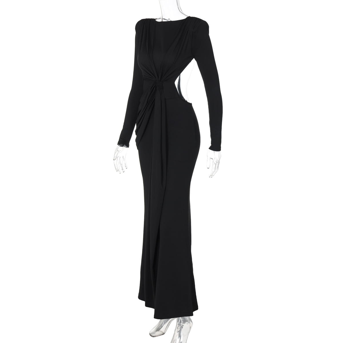 Black long sleeve dress with a fitted silhouette featuring a draped front knot and side cutouts designed as a sexy hot girl outfit.