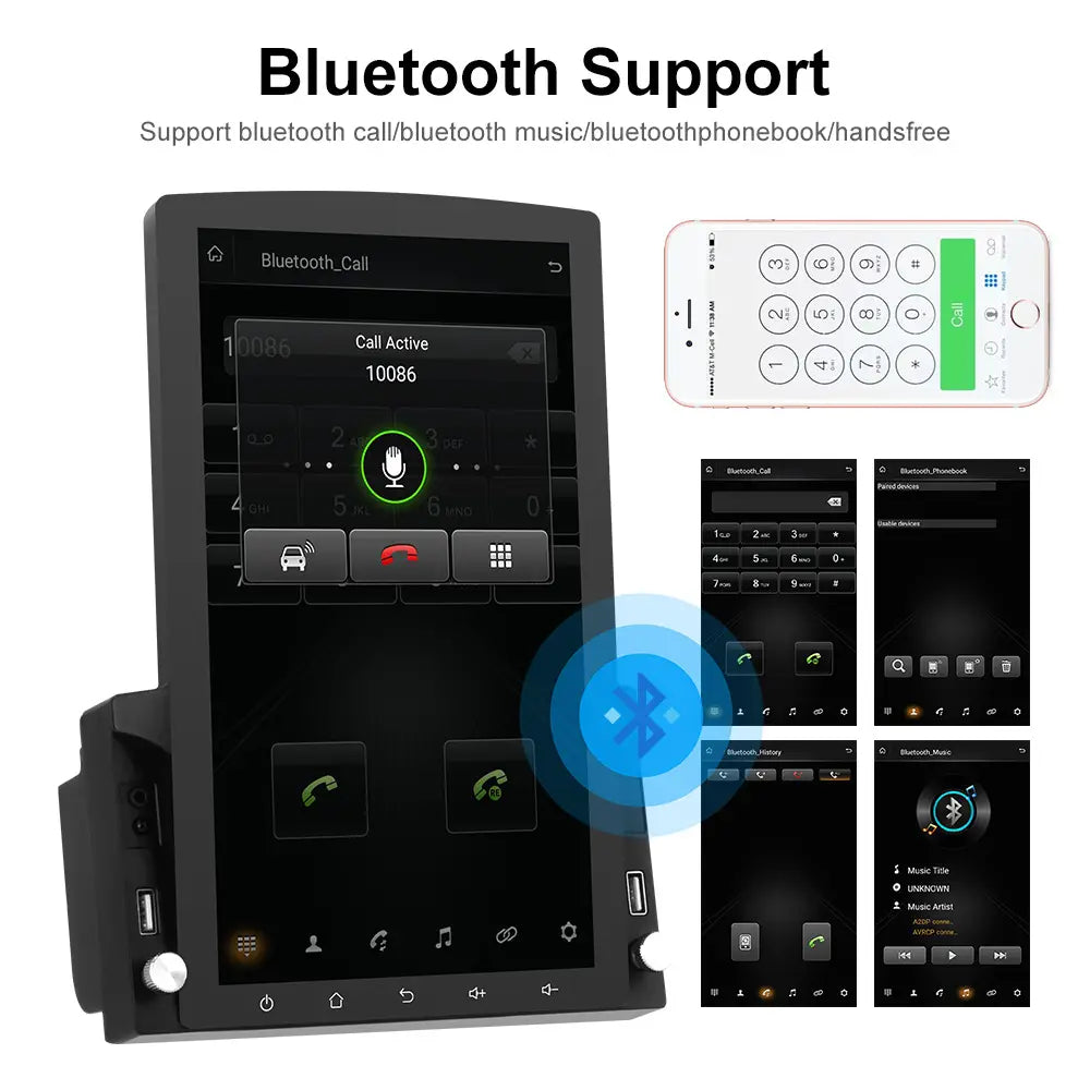 Black touchscreen car stereo large screen video player navigator with bluetooth support displaying active call interface and compatible with smartphone connectivity.
