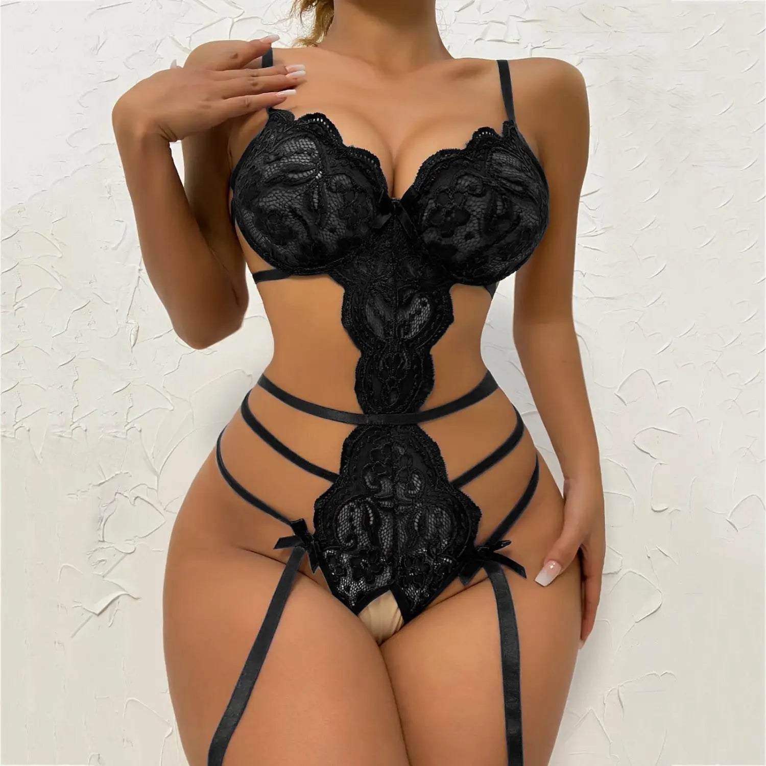 black floral lace transparent bodysuit pajamas featuring intricate lingerie lace transparent with satin straps and delicate floral patterns