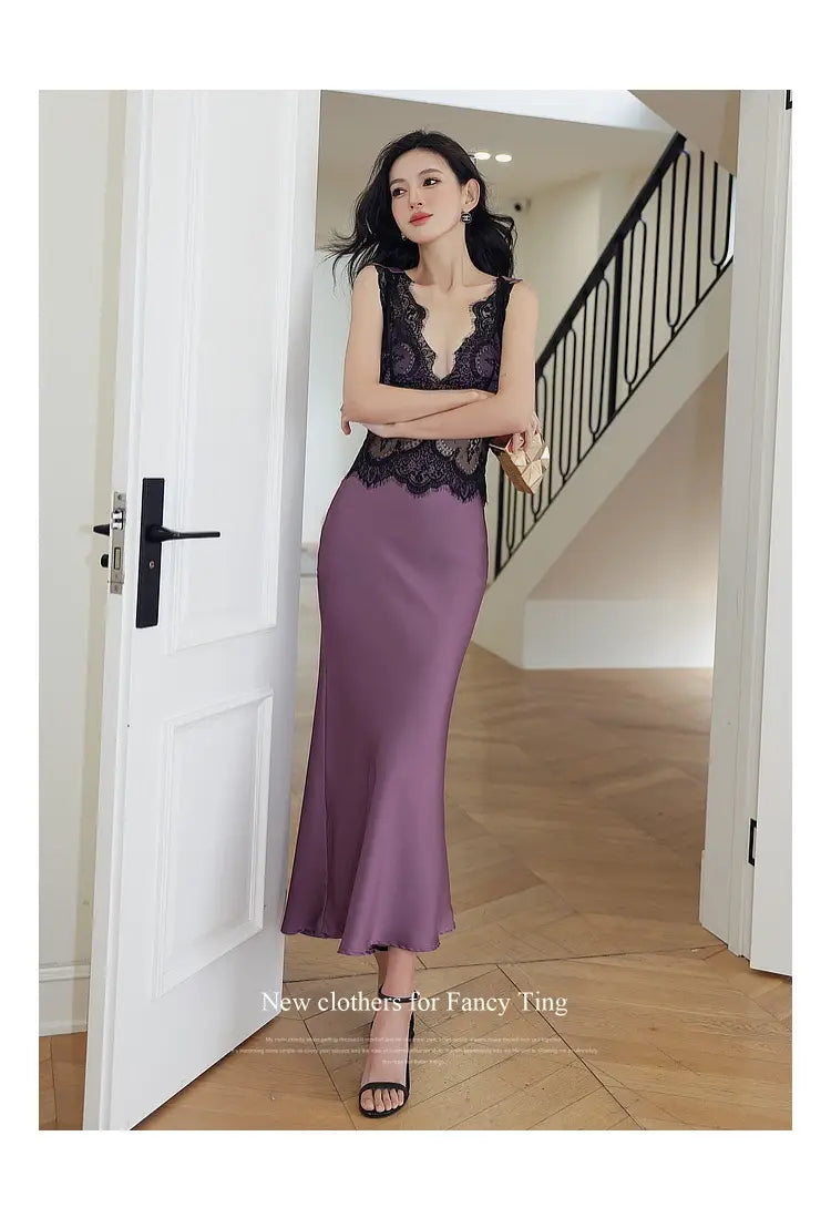 A flowing lavender satin mermaid dress with a black lace bodice and deep v-neckline paired with a blue sleeveless lace sheath dress design.