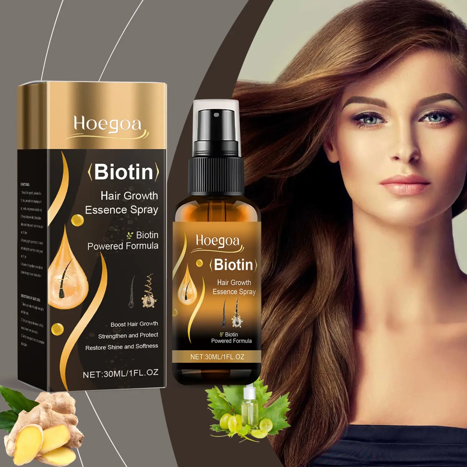 hoegoa biotin hair care spray for tough hair in an amber glass bottle with black spray nozzle displayed alongside its gold and black packaging box.
