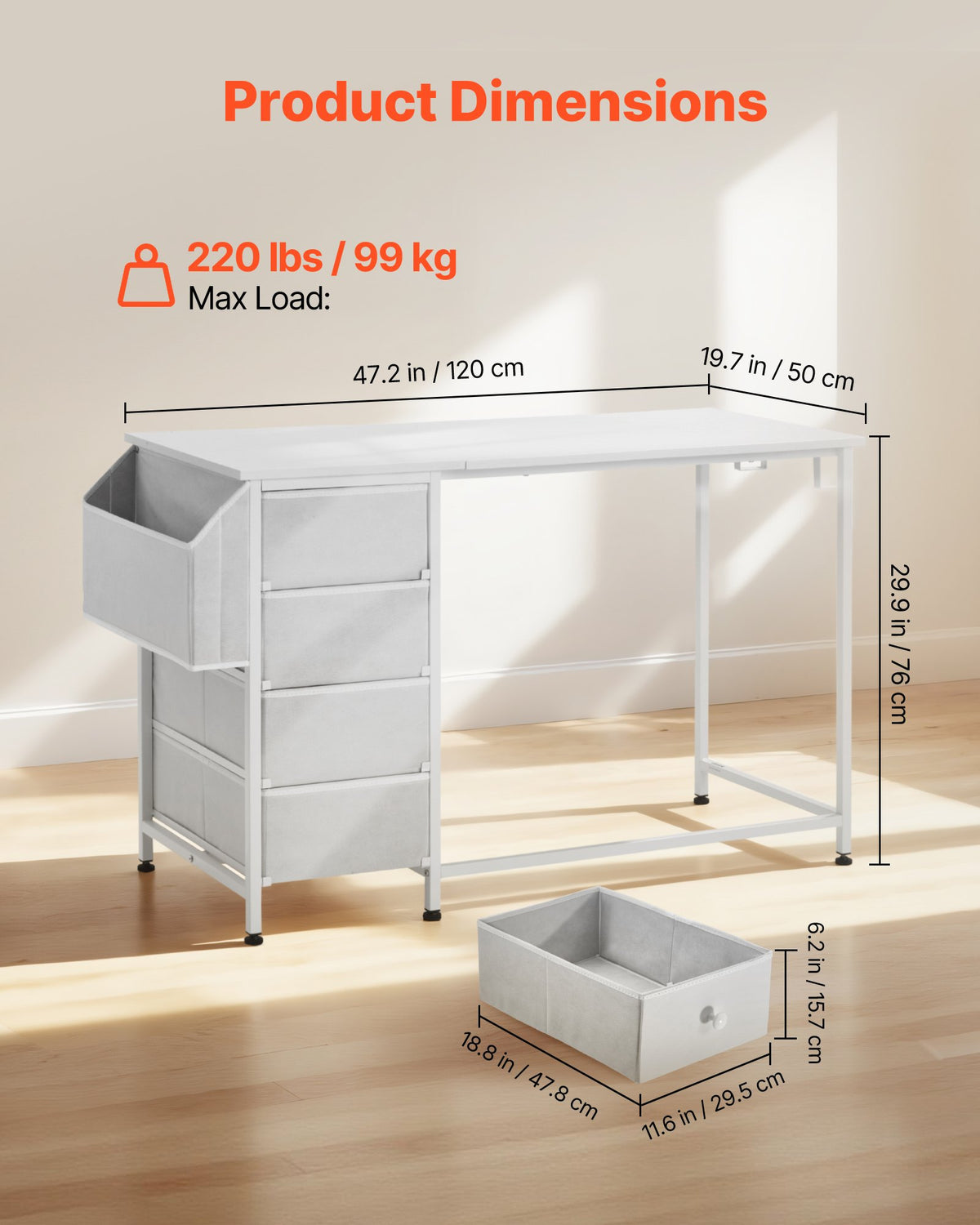 White 47 inch reversible computer desk with 4 fabric drawers – view 4