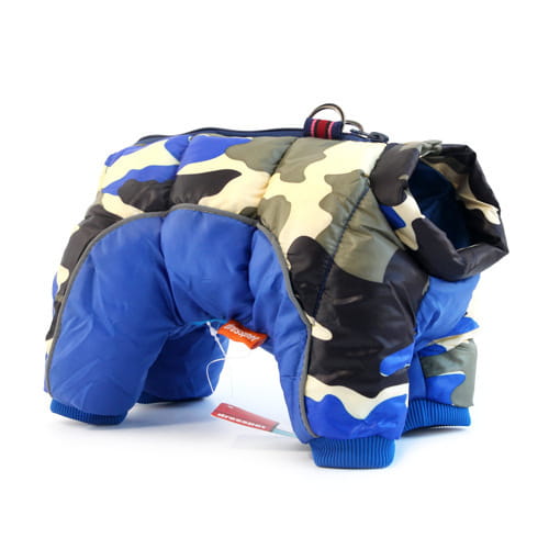 quilted blue and camouflage-patterned puffer pet dog winter coat designed as dog winter clothes for warmth and style
