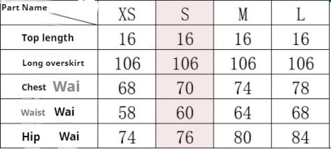 The image displays a size chart in centimeters for a women’s silver strapless sequin skirt set long overskirt available in sizes XS to L.