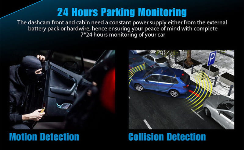 Blue suv parked in a lot with yellow motion detection arcs demonstrating a 1080P dual lens dash cam video recorder.
