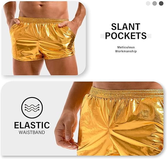 Shiny gold metallic mens loose casual shorts featuring slant pockets and an elastic waistband designed as loose casual trendy casual trendy shorts.
