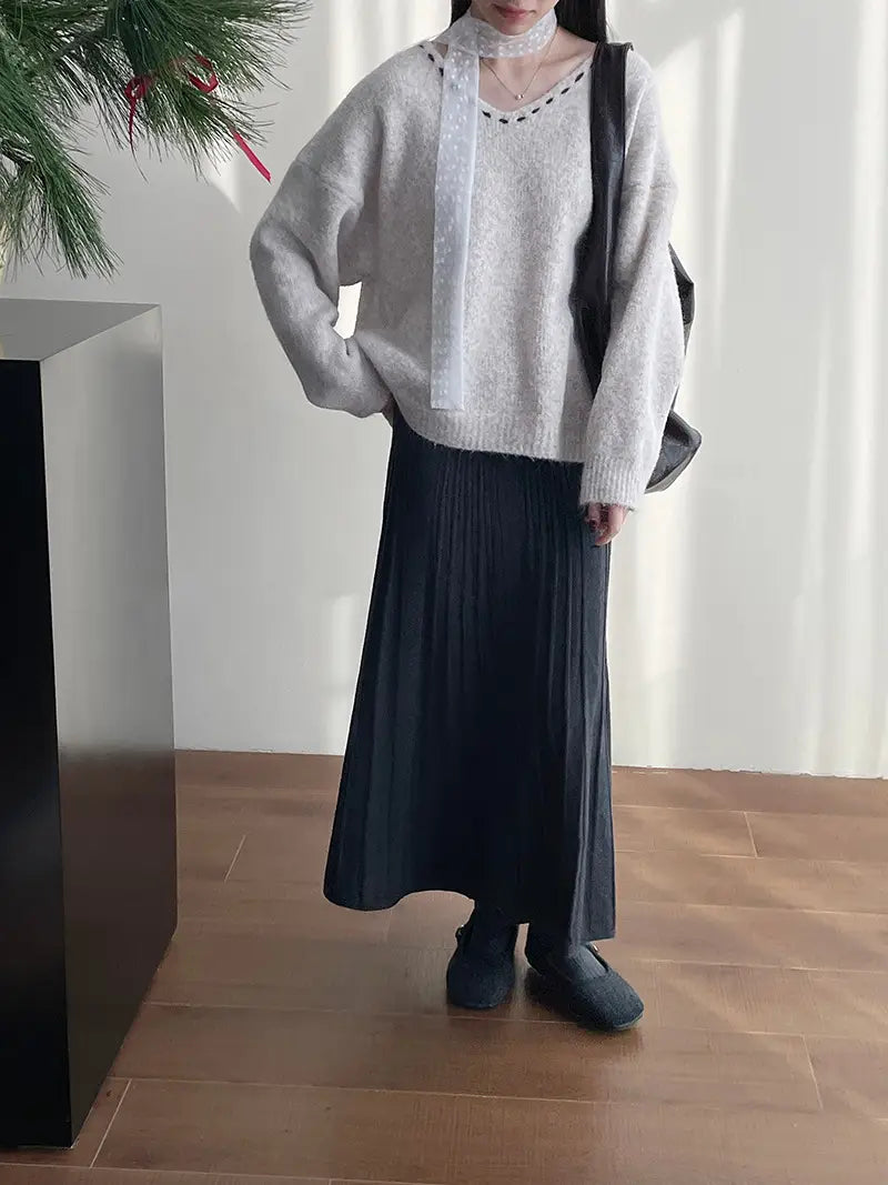 soft gray knit sweater with delicate lace trim paired with korean elastic waist knitted pleated midi skirt in matching tones.