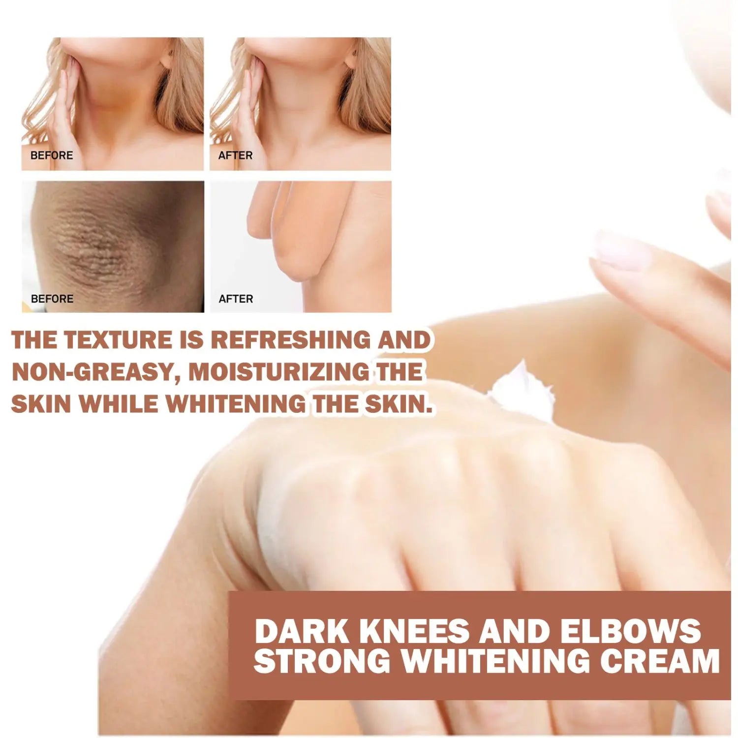 A hand applying eelhoe joint darkening and brightening cream with a white creamy texture to the skin for joint darkening and brightening use.