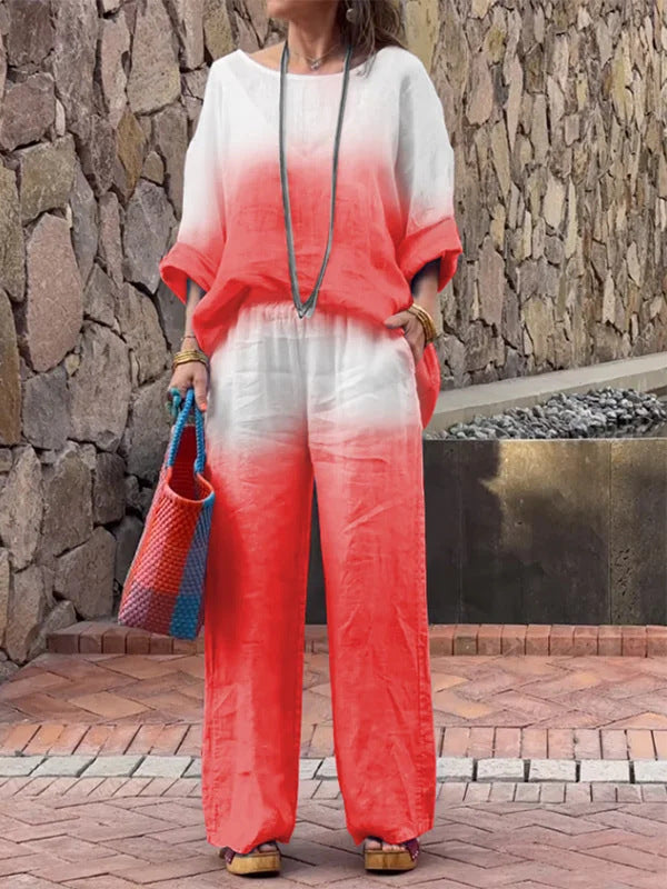 Women's cotton linen gradient two-piece set – Red