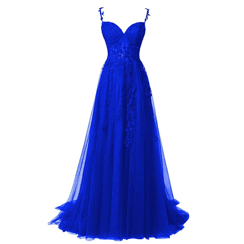 A royal blue floor-length gown with a sweetheart neckline lace detailing and thin spaghetti straps designed for a red carpet runway event.