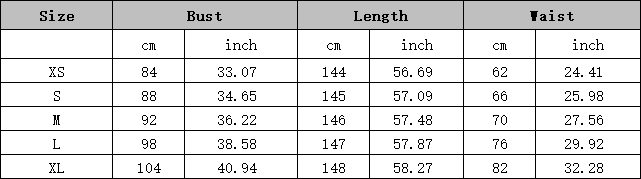 The image displays a size chart in centimeters and inches for the backless strappy lake blue wedding dress from size XS to XL.