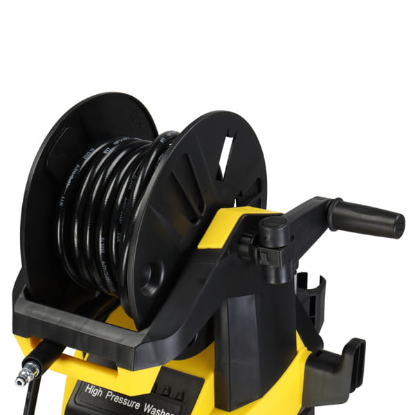 yellow and black kärcher high pressure cleaning machine with hose reel featuring a coiled hose for efficient pressure cleaning tasks