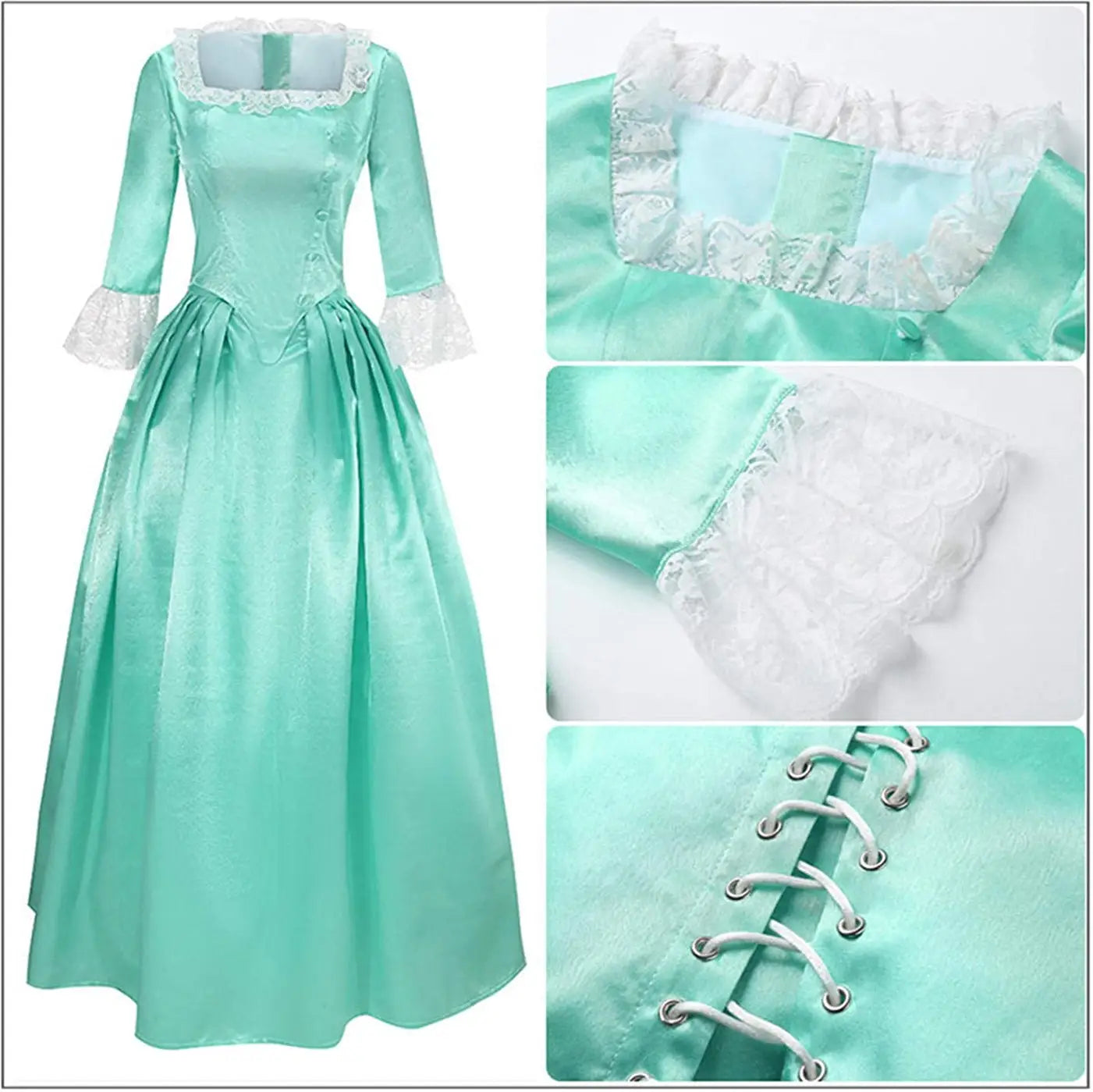 a teal satin victorian palace dress stage performance costume with white lace trim at the neckline and cuffs and a corseted bodice featuring silver eyelets for lacing