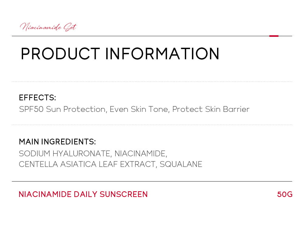 Image of nicotinamide day 50g moisturizing isolation spf 50 sunscreen tube highlighting key ingredients sodium hyaluronate niacinamide centella asiatica leaf extract and squalane for daily sun protection.