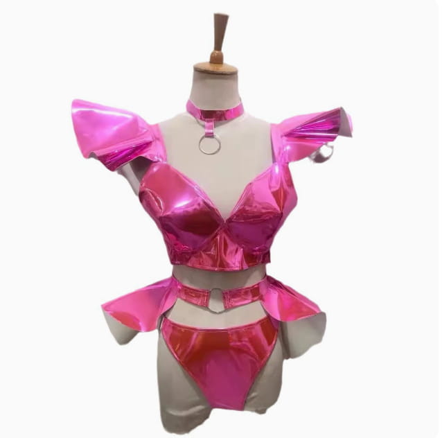 shiny pink metallic two-piece stage costume sexy set with ruffled shoulder accents and matching choker in patent leather perfect for costume sexy bright looks