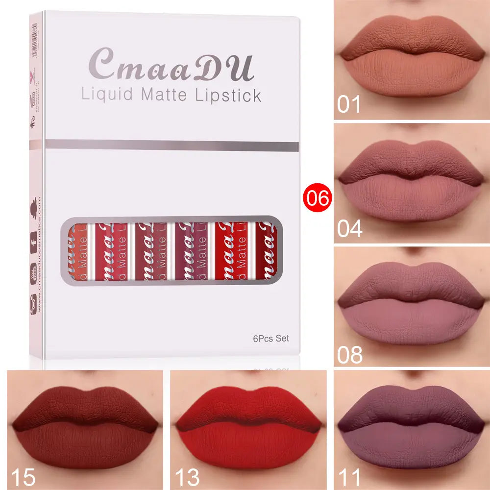 cmaadu 6 piece matte waterproof lipstick long lasting set in sleek red tubes displayed in a white box with six shades from muted terracotta to bold burgundy featuring cup waterproof lipstick long wear formula.