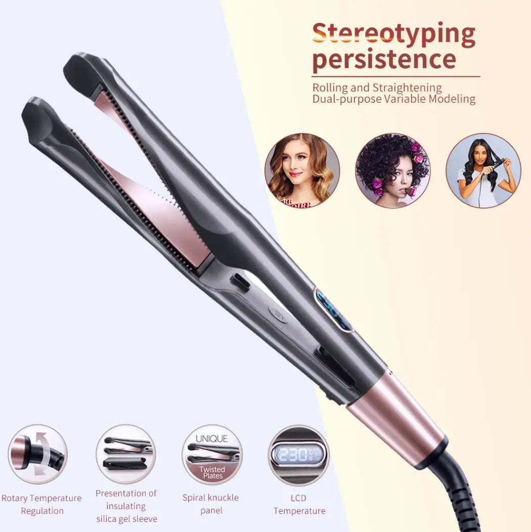 black and rose gold gold ceramic flat iron hair care straightener with spiral knuckle panel and lcd temperature display designed for curly hair care and care straight long use