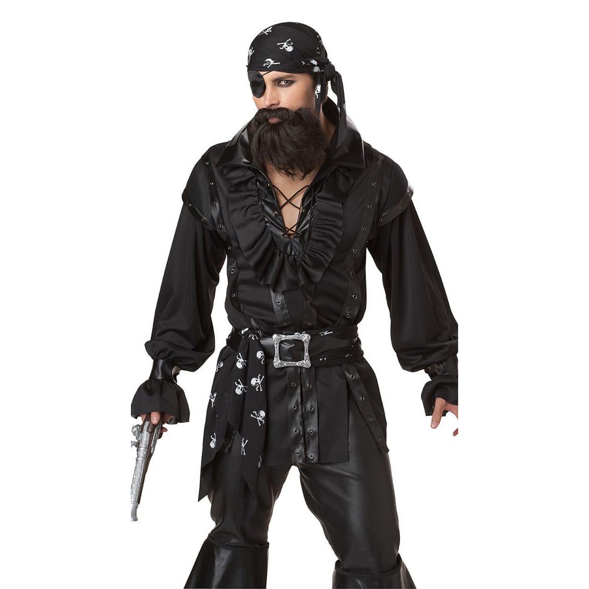 male pirate costume halloween cosplay set featuring a black ruffled satin shirt, skull and crossbones patterned bandana and belt, and faux leather pants