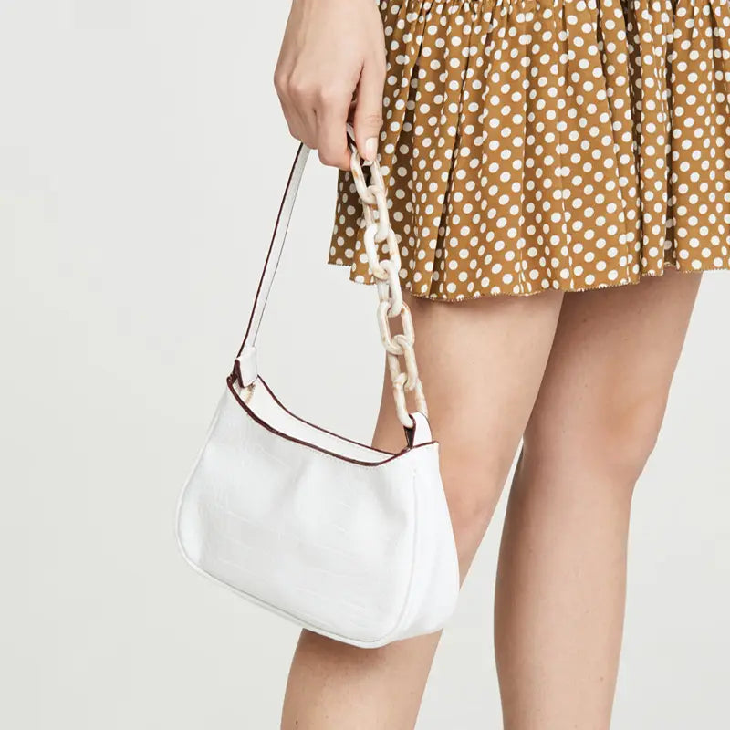 Trendy small crocodile white leather shoulder bag with dark brown trim and cream-colored acrylic chain strap bag image.